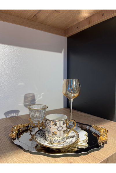 zaTen Pazar 6-Piece Gold-Detail Oval Silver Tea and Coffee Presentation Tray with Handles