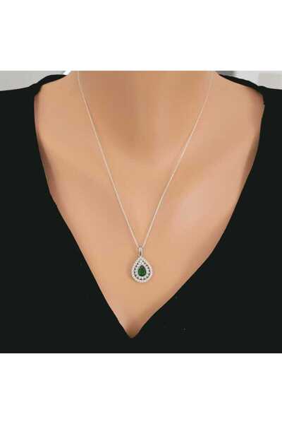 Nusret Takı 925 Ayar Gümüş Çift Sıra Anturaj Damla Zümrüt Taşlı Kolye