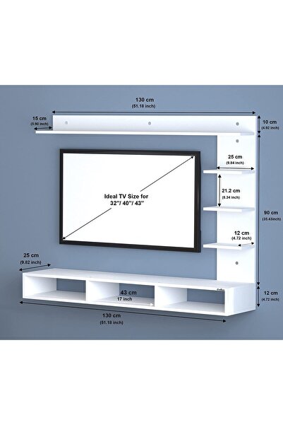 Modern home Wood Wall-Mounted TV Unit – White finish with Side & Top Shelves for TVs 160 cm