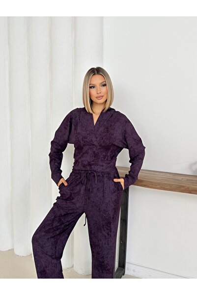LE CARAMBOLE Women's Purple Hooded Blouse Pants Bottom Top Set