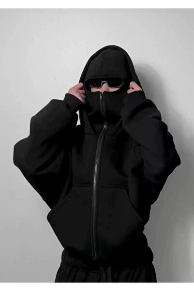 Touz Moda Berserk Mask Detailed Oversize Zippered Black Unisex Hooded Cardigan