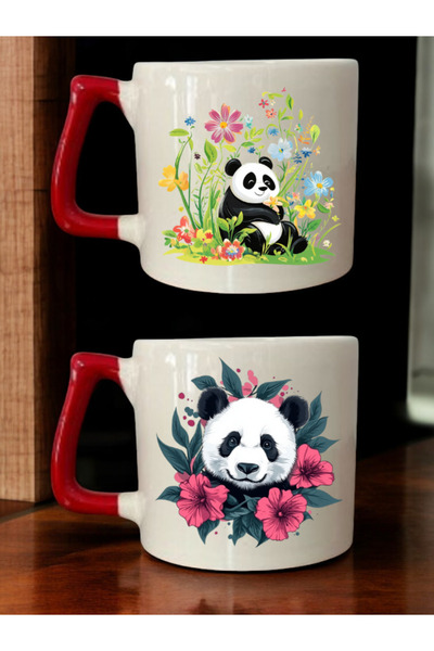 lili hediyelik Flower Panda Printed 2-Piece Coffee Cup Ceramic Mug - Ceramic Tea, Coffee Gift Cup