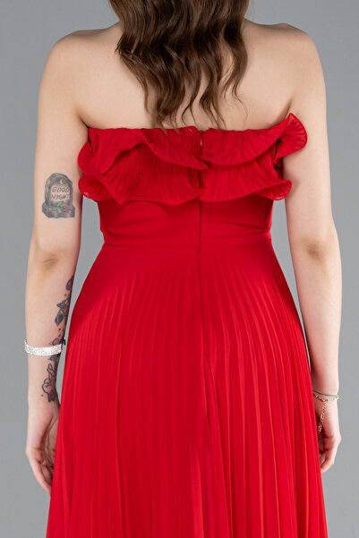 Abiyefon Kırmızı Straplez Piliseli Uzun Şifon Mezuniyet Elbisesi ABU4866