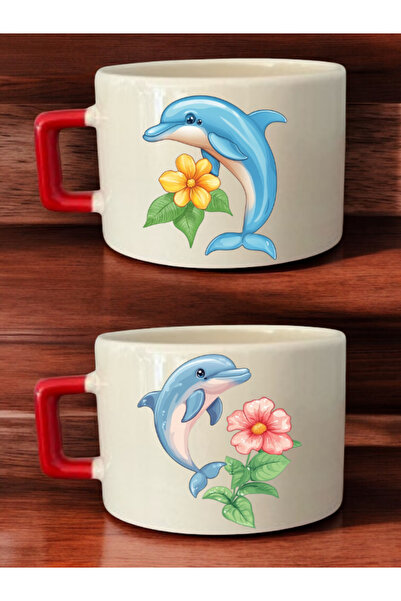 lili hediyelik Flower Dolphin Printed 2-Piece Coffee Cup Ceramic Mug - Ceramic Tea, Coffee Gift Cup