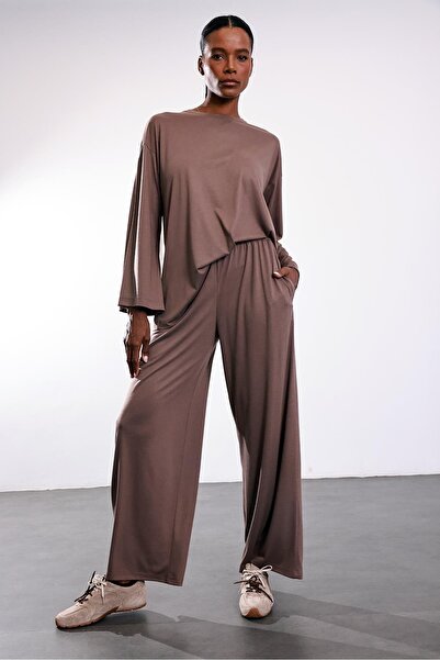 5in1Canpolat Mink Elastic Waist Draped Trousers 102010