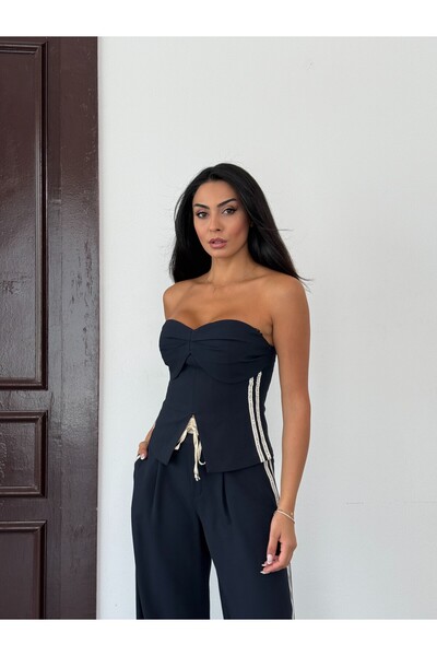 NOA LİNE Women's Side Stripe Dark Navy Strapless Crop Top