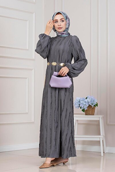 Sevitli Fırfır Detaylı Rüya Elbise-GRİ