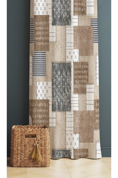 Else Dekor Καφέ Γεωμετρικό Ρετρό Μοτίβο Ψηφιακής Εκτύπωσης Κουρτίνα φόντου 140x260cm