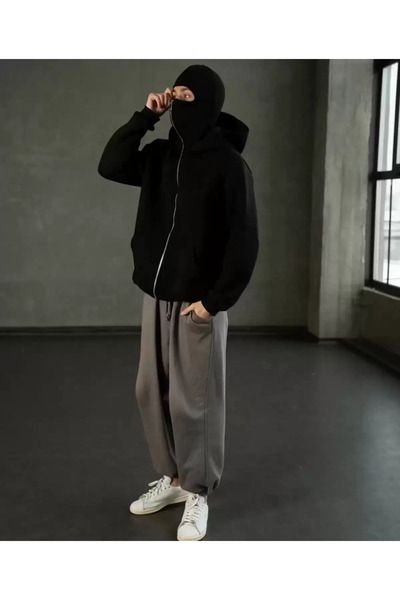 Touz Moda Berserk Mask Detailed Oversize Zippered Black Unisex Hooded Cardigan