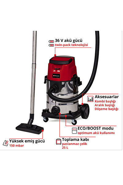Einhell TE-VC 36/25 Li S - Solo, Akülü Islak/Kuru Süpürge