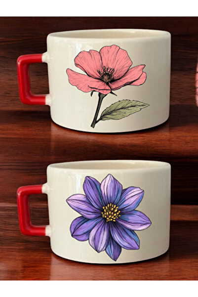 lili hediyelik Flower Image Printed 2-Piece Coffee Cup Ceramic Mug - Ceramic Tea, Coffee Gift Cup