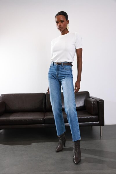 5in1Canpolat Blue Straight Fit Washed Jeans 103