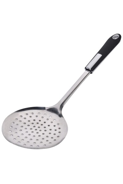 OEM Perforated Kitchen Spoon, Stainless Steel, Black Handle, 35 cm