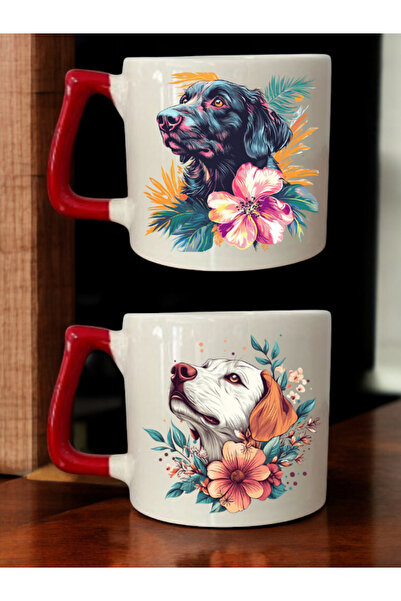 lili hediyelik 2-Piece Coffee Cup Ceramic Mug with Dog Printed Inside Flowers - Ceramic Tea, Coffee Gift Cup