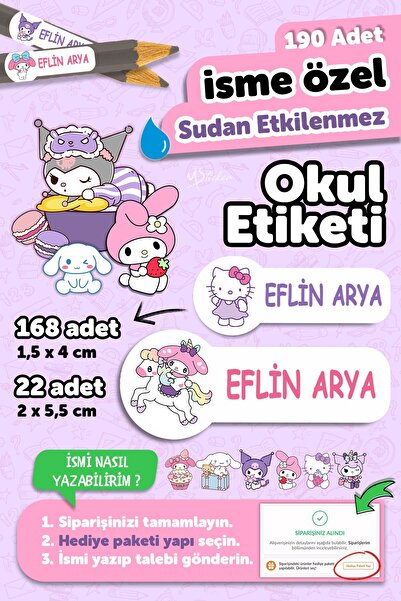 MSticker Okul Etiketi Kalem Defter isimli Etiket Isim Yazılabilen Kawai - 190...