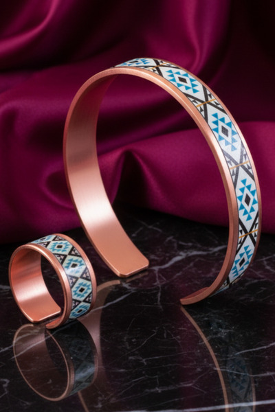 OSMANLI GÜMÜŞ Women's Copper Bracelet Ring Set - Eyes Model Special Edition Metal Box and Quartz Stone