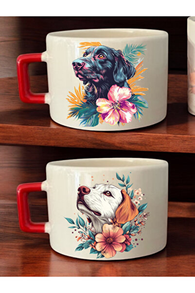 lili hediyelik Flower Printed 2-Piece Coffee Cup Ceramic Mug with Dog - Ceramic Tea, Coffee Gift Cup