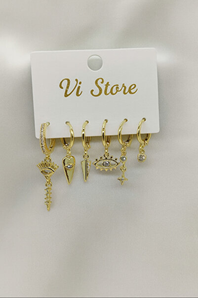 Vi store Çelik Kalp Ve Göz Figürlü 6’lı Küpe Seti