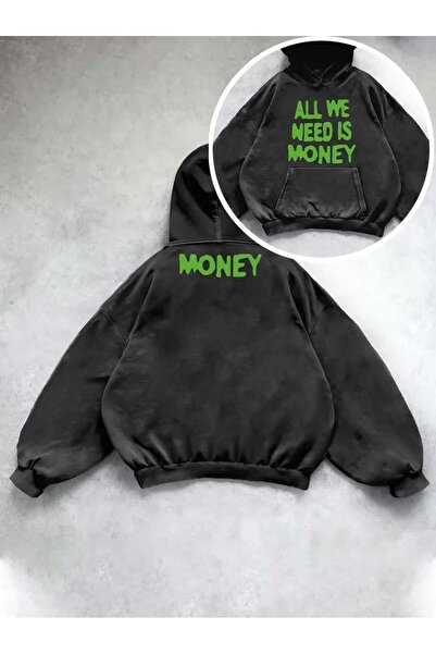 Toum Washable All We Need Is Money Printed Vintage Hooded Sweatshirt