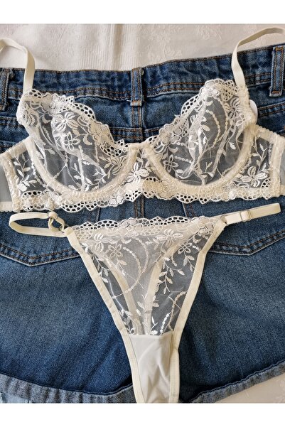 Demirsa Boutique Λευκό δαντελένιο μπραλέτ, σουτιέν και στρινγκ, σετ εσωρούχων