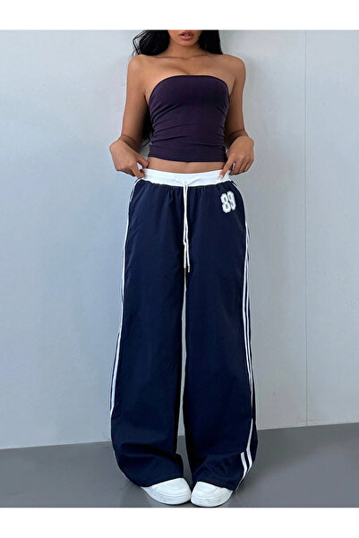 Toum 89 Number Oversize Navy Blue Baggy Sweatpants with Waist Drawstring Detail