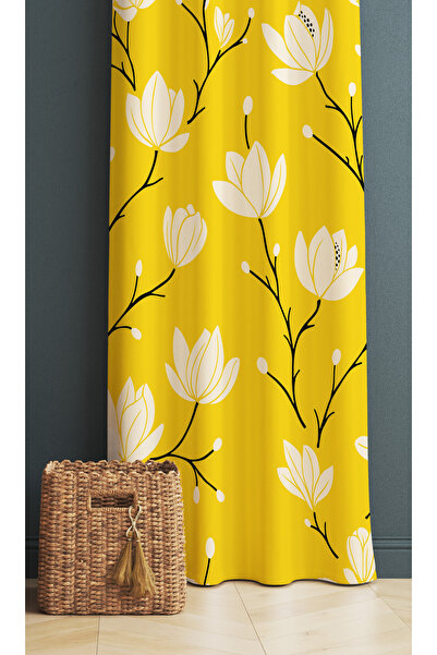 3D ELSE HALI Sarı Beyaz Çiçekler Desenli Dijital Baskı Fon Perde 140x260cm