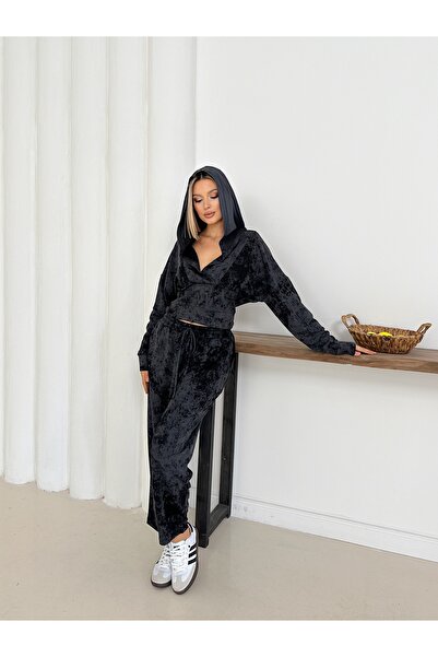 LE CARAMBOLE Women's Black Hooded Blouse Pants Bottom Top Set