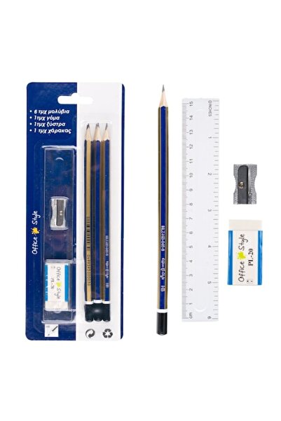SHOPIENS Set of Pencils Office Style HB with Eraser, Sharpener & 15cm Ruler, 9 pcs - Blue/Gold