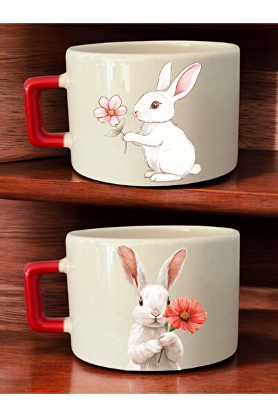 lili hediyelik Flower Rabbit Image Printed 2-Piece Coffee Cup Ceramic Mug - Ceramic Tea, Coffee Gift Cup