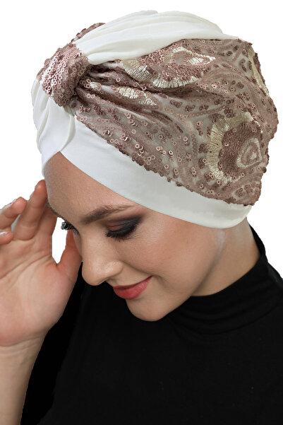 fidan bone Special Design Ecru with Powder Pattern Sequined Lining Ready-To-Wear Turban Hijab Evening Dress Bonnet