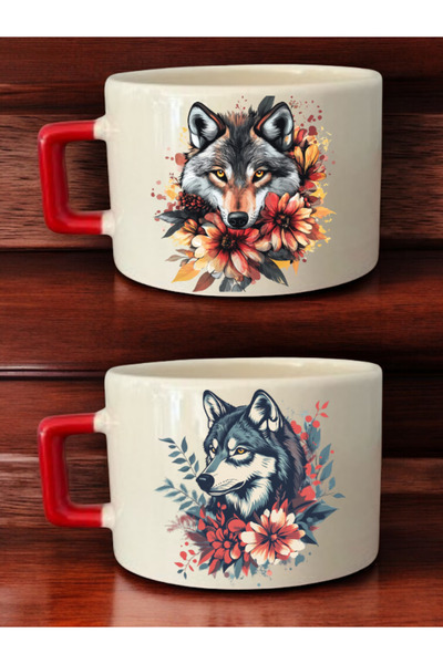 lili hediyelik Floral Wolf Image Printed 2-Piece Coffee Cup Ceramic Mug - Ceramic Tea, Coffee Gift Cup