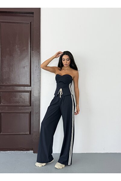 NOA LİNE Women's High Waist Side Stripe Elastic Waist Fabric Pants