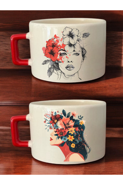 lili hediyelik Floral Women's Printed 2-Piece Coffee Cup Ceramic Mug - Ceramic Tea, Coffee Gift Cup