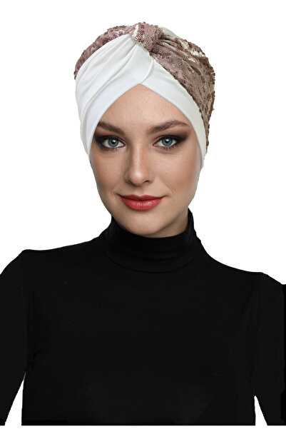 fidan bone Special Design Ecru with Powder Pattern Sequined Lining Ready-To-Wear Turban Hijab Evening Dress Bonnet