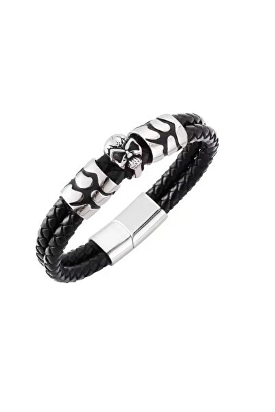 Artizan Suits Brățară din piele bărbați cu craniu și flăcări