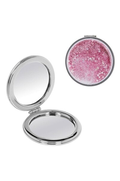 OEM JB Beauty Pocket Mirror, Round, 7cm, Silver, Pink Glitter, Two Faces