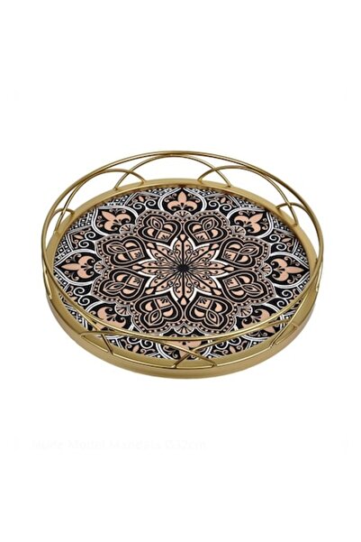 OEM Μεταλλικός δίσκος σερβιρίσματος, στρογγυλός, καφέ/χρυσός/νude, μοτίβο μαν...