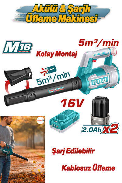 Badem10 Total Li-Ion Kablosuz Bataryalı 16V Şarjlı Hava Üfleme Makinesi Blowe...