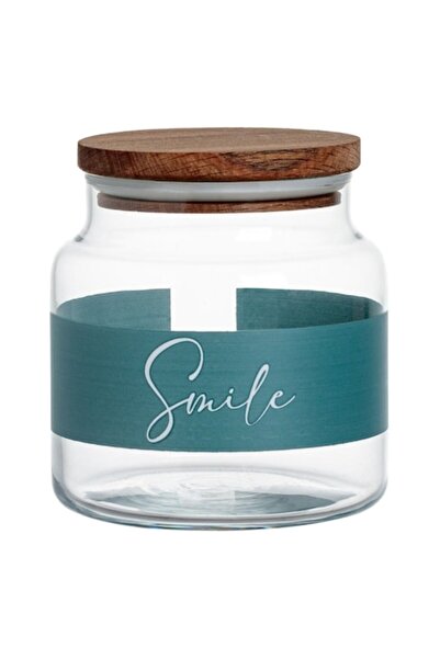 SHOPIENS Glass jar "Smile" with wooden lid and grey band, 0.635 L