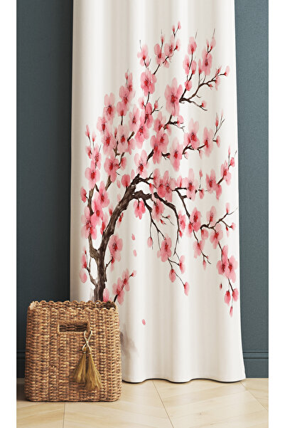 Else Dekor Κουρτίνα φόντου ψηφιακής εκτύπωσης με μοτίβο ροζ λουλουδιών Sakura 140x260cm