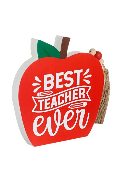ANTBRO wooden decoration - red apple with rope tassel and 3 beads, 'Best Teacher Ever', 17 x 2.8 x 1
