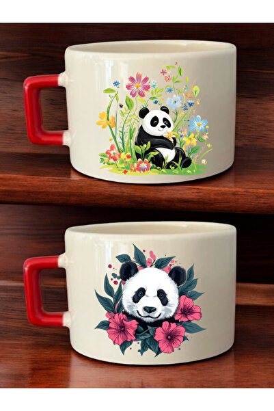 lili hediyelik Flower and Panda Printed 2-Piece Coffee Cup Ceramic Mug - Ceramic Tea, Coffee Gift Cup