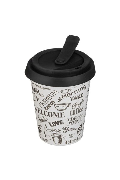 SHOPIENS Ceramic Cup, Breakfast Model, Matte White, Black Silicone Lid, 380 ml