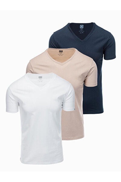 OMBRE Pánske bavlnené tričko BASIC s výstrihom do V - biela/piesková/tmavomodrá V12 OM-TSBS-0233 L