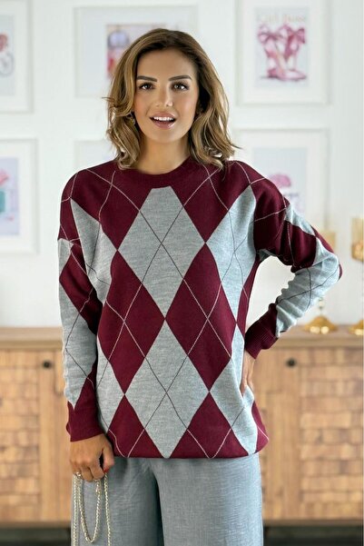 Nevin Kaya Moda Burgundy Color Diamond Pattern Sweater