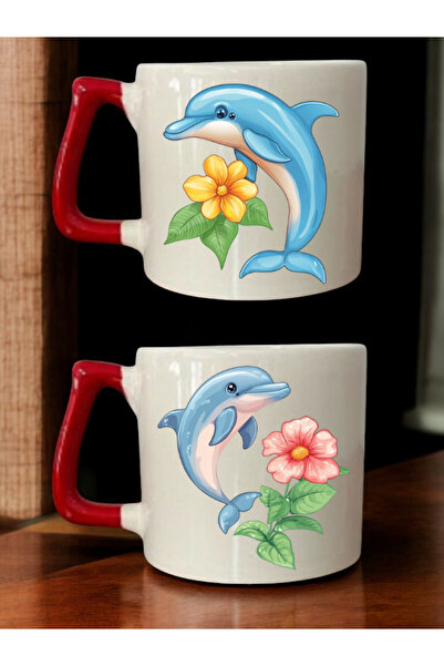 lili hediyelik Flower Dolphin Printed 2-Piece Coffee Cup Ceramic Mug - Ceramic Tea, Coffee Gift Cup