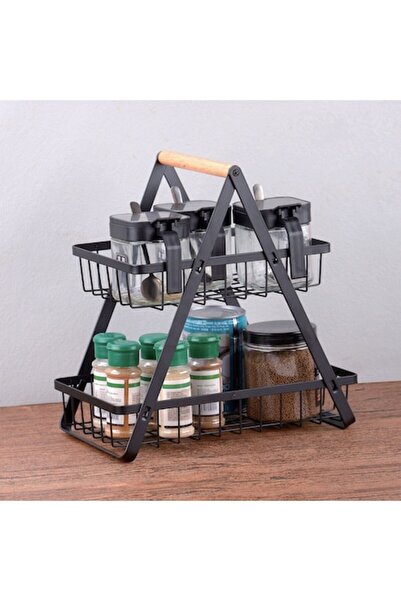 SHOPIENS Raft Metalic Organizator, 2 Nivele, Maner Lemn, Negru, 30x18x32cm