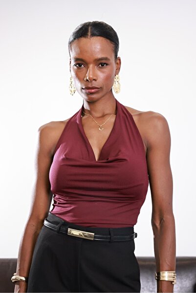 5in1Canpolat Plum Double Layer Jersey Blouse 17042