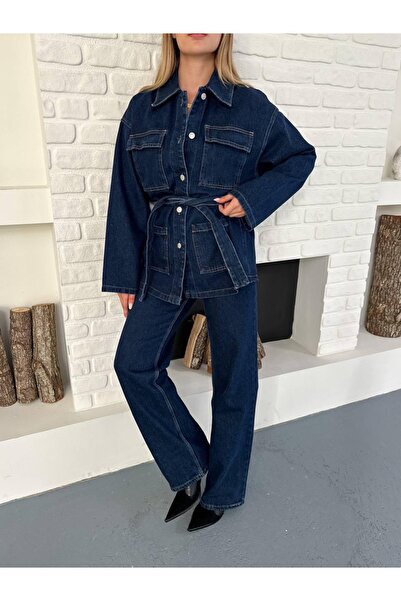 Ekim Store طقم جاكيت وبنطلون من الدنيم باللون الأزرق الداكن مع حزام وأزرار