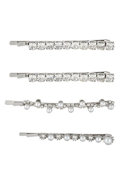 OEM Set of Hair Clips, 4 pcs, Silver with Strass and Beads, 6 cm